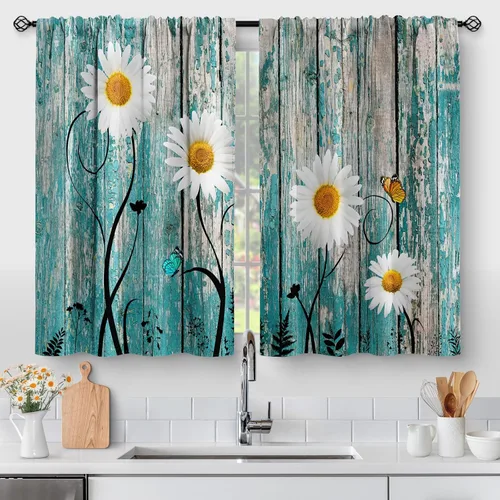 Vista 30 de Aimego Cortinas de Cocina de Eucalipto Primaveral - Hojas de Plantas de Acuarela Floral Azul con Cortinas de Nivel Botánico Floral para Cafetería
