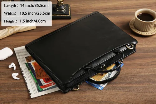 Vista 4 de Organizador de cuero genuino, maletín profesional de cuero de negocios con correa, 14 × 10.5 pulgadas personalizado Padfolio de cuero con asa, negro