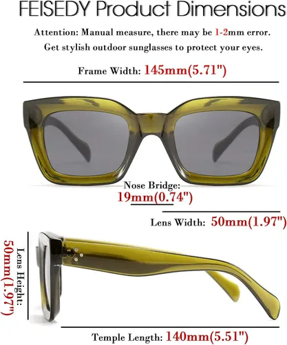 Vista 8 de FEISEDY Gafas de sol clásicas para mujer de moda gruesas cuadradas marco grueso UV400 B2471