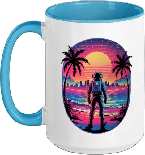 Vista 8 de Vaporwave Synthwave Astronaut Spaceman Science Space Ceramic Mug, Black/White, 11oz