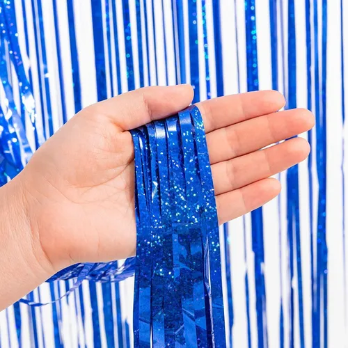 Vista 7 de Cortina de Flecos de Papel Aluminio para Decoración de Fiesta - Telón de Fondo Negro Azul Metálico de Oropel para Fotomatón, Cortinas de Serpentinas