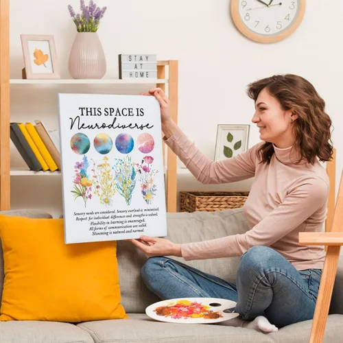 Vista 2 de Lienzo decorativo de pared con texto en inglés "This Space Is Neurodiverse (Este espacio es neurodiverso) de 11 x 14 pulgadas, arte enmarcado