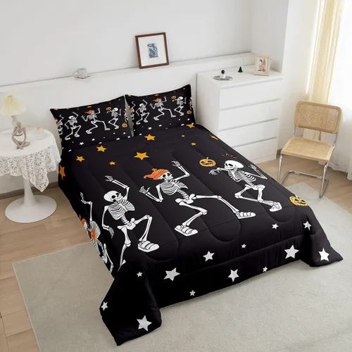 Vista 3 de Erosebridal Juego de edredón de calavera de Halloween, tamaño individual, juego de ropa de cama de calavera gótica para niños, adolescentes
