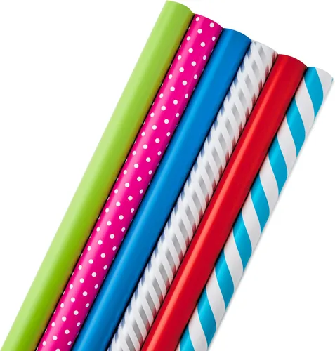 Vista 9 de Hallmark Mini rollos de papel de regalo de cumpleaños, paquete de 3 (rayas de arco iris, globos coloridos, lunares sobre azul) para graduaciones