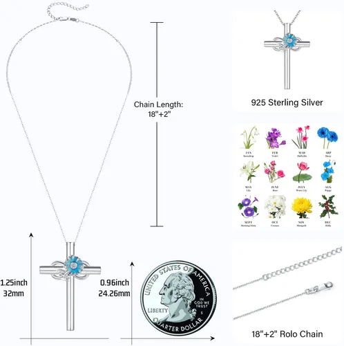 Vista 5 de JUSTKIDSTOY Collar de flor de nacimiento de plata de ley 925 con colgante de cruz floral, regalo de joyería para mujeres, novia, esposa, madre