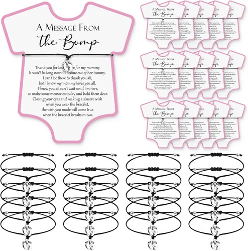 Vista 8 de Henoyso Juego de 25 pulseras de baby shower para invitados, niños y niñas, regalos de fiesta con mensaje ajustable de The Bump Card, pulseras de Azul