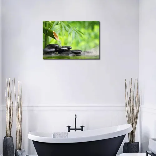Vista 4 de Naturaleza muerta de spa verde con fuente de bambú y piedra zen en agua pintura de pared la imagen impresión en lienzo imágenes botánicas