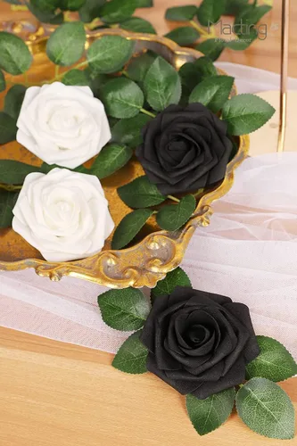 Vista 4 de MACTING 30 PCS Flores Artificiales Rosas Negras y Blancas Flores Falsas con Tallo Rosas de Espuma de Tacto Real para Boda Bola de Besos Ramillete