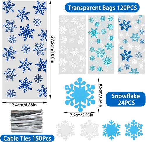 Vista 2 de Vellibring 120 piezas bolsas de celofán de Navidad, bolsas de copos de nieve de invierno, bolsas de plástico transparente para dulces y galletas