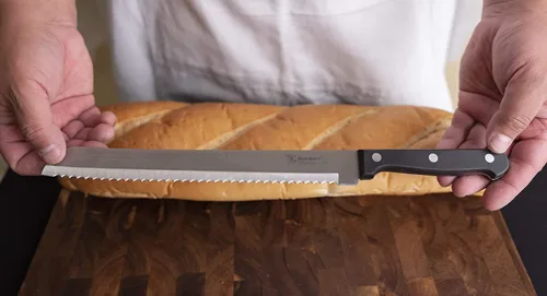Vista 7 de Cuchillo de pan dentado de 10 pulgadas, hoja de acero inoxidable de alta calidad con borde ondulado, mango de espiga completa, cuchillo afilado