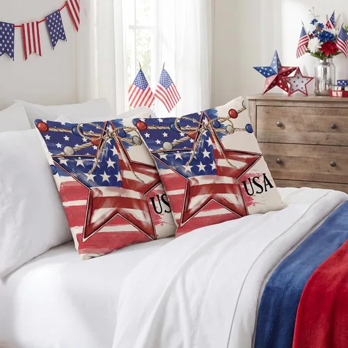 Vista 6 de FUTBU Juego de 2 fundas de almohada de 16 x 16 pulgadas, diseño patriótico de estrellas y bandera estadounidense, rojo, blanco, azul, Día de la 4