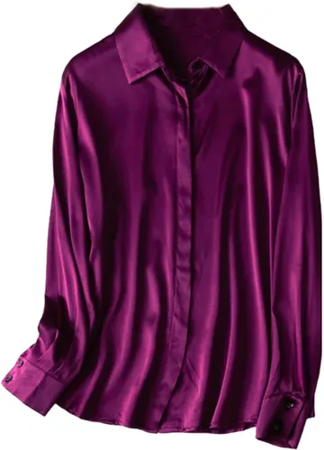Vista 20 de Women's Satin Silk Buttons Down Long Sleeve Solid Dress Shirts Top Soft Blouse Collar Office Work