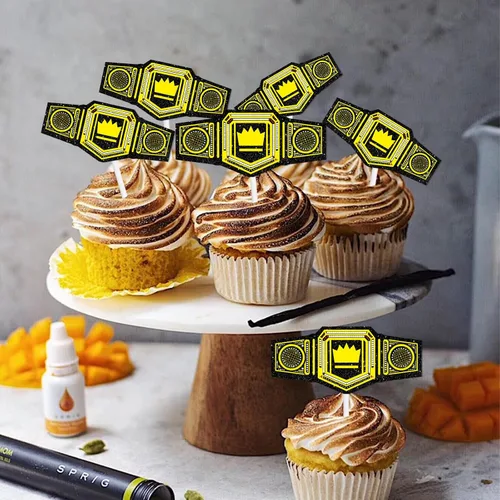 Vista 7 de 18 piezas de cinturón pesado con purpurina dorada para postre para cupcakes, decoración temática de campeón de lucha libre, suministros