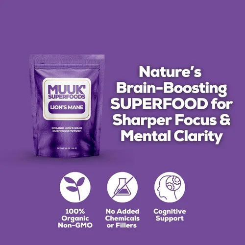 Vista 4 de MUUK' SUPERFOODS Polvo de hongo de melena de león orgánico puro Impulso cerebral, fabricado en Estados Unidos 3.5 oz (100 g), 60 porciones
