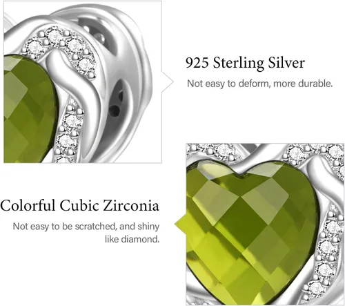 Vista 5 de GNOCE Dijes de piedra natal en forma de corazón para pulsera de plata de ley 925 para cumpleaños, día de la madre, regalo para mujer
