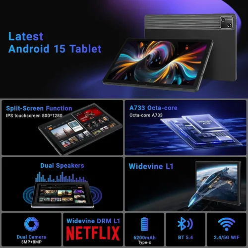 Vista 2 de Tableta, tableta de 10 pulgadas Android 15 con procesador Octa-core, 30GB+128GB+2TB Expand, 6200mAh, 15W carga rápida, pantalla IPS HD 1280x800