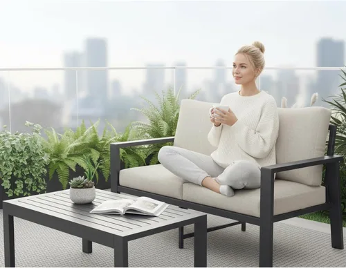 Vista 11 de Juego de muebles de aluminio para exteriores para todo tipo de clima, sofá seccional con mesa auxiliar y cojines con fundas extraíbles para terraza