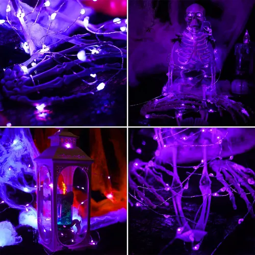 Vista 6 de Paquete de 12 luces de Halloween moradas que funcionan con pilas, luces de cadena de 7 pies, 20 luces LED de hadas, luces mini impermeables, cable