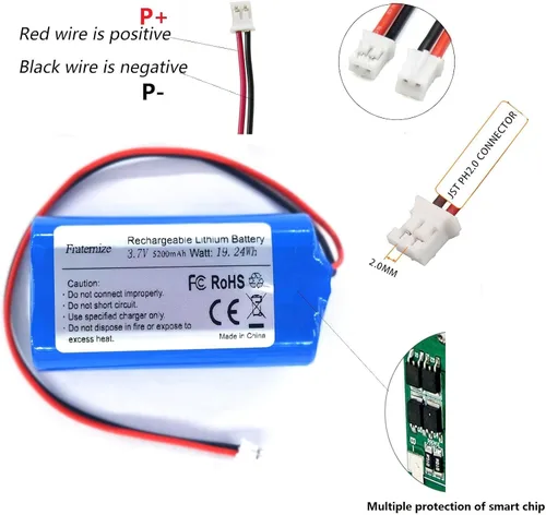 Vista 4 de Batería de iones de litio de 5200mAh 3.7v con 2.0Pin JST-PH JST 2.0/2P Plug Batería recargable Batería de litio 3.7 voltios para electrónica