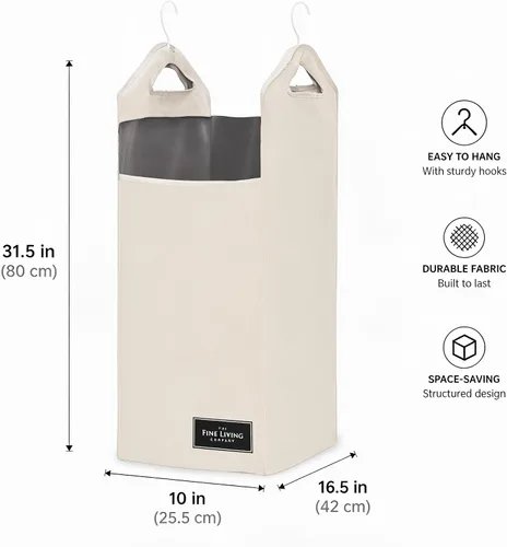Vista 3 de The Fine Living Co. - Bolsa colgante para ropa sucia, colgador resistente, organizador de cestas de armario que ahorra espacio (beige)