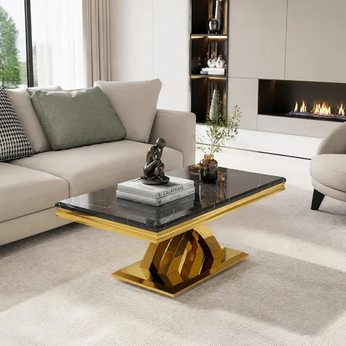 Vista 9 de AUZ Mesa auxiliar negra y dorada de 48 pulgadas, mesa central rectangular de lujo con base de metal pulido en forma de X para sala de estar, oficina