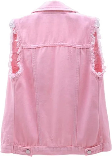 Vista 2 de JiangWu Chaleco de mezclilla para mujer, sin mangas, con botones, rasgado, casual