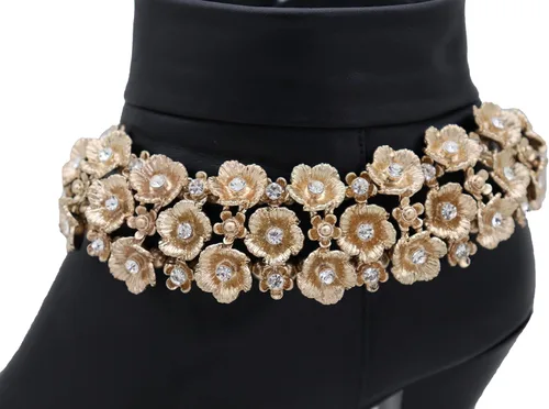 Vista 2 de Pulsera de botas de joyería para mujer, cadena de metal dorado, zapato alto, flor brillante, correa de encanto, boda nupcial, Metal