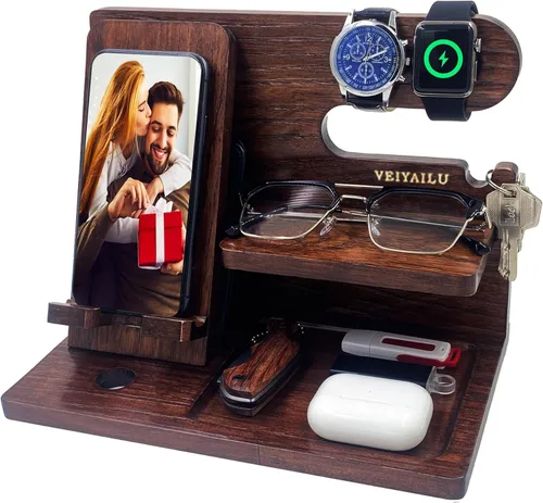 Vista 9 de VEIYAILU Estación de acoplamiento para teléfono de madera de nogal para hombres, regalos para él, novio, papá, marido, hermano, hijo, aniversario