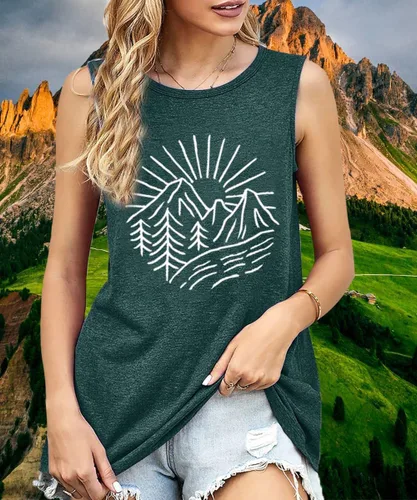 Vista 4 de Camisetas sin mangas de senderismo y montaña para mujer, divertidas camisetas de entrenamiento con gráficos de pino y amanecer, camisetas de verano
