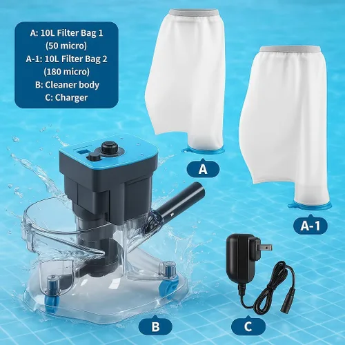 Vista 2 de Aspirador inalámbrico de hojas de piscina con bolsas de filtro dobles para piscinas sobre el suelo y enterradas, aspiradora de piscina resistente