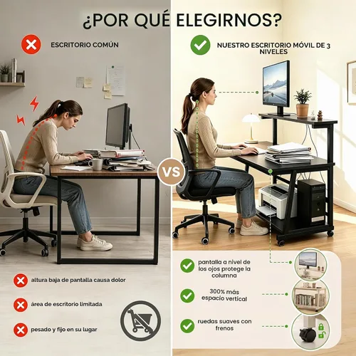 Vista 5 de Escritorio compacto de 31.5 pulgadas para computadora con mesa de trabajo de niveles y ruedas con bloqueo, escritorio pequeño para dormitorio