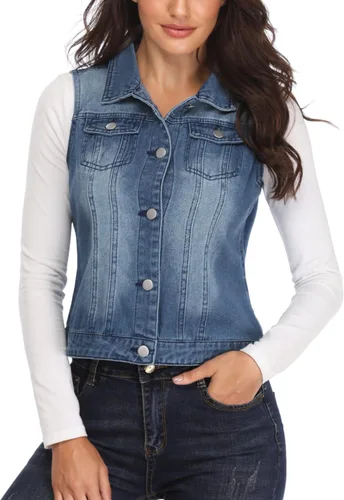 Vista 2 de MISS MOLY Denim Vest for Women Sleeveless Button up Washed Cropped Jean Jacket