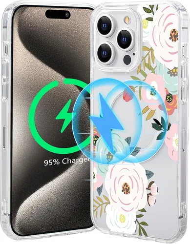 Vista 55 de Funda magnética de flores para iPhone 15 [compatible con MagSafe] Bonito patrón floral transparente a prueba de golpes