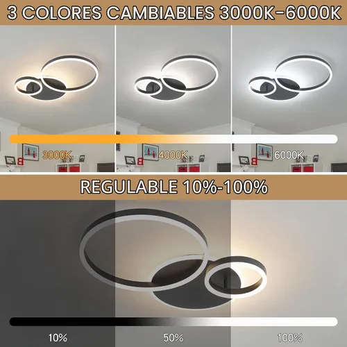 Vista 2 de O'NEELDY Moderna lámpara de techo LED regulable de montaje empotrado con control remoto de anillo de acrílico, 48W 3000K-6000K ajustable, lámpara