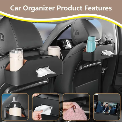 Vista 3 de Organizador de asiento trasero de automóvil con 2 portavasos para bebidas, soporte para pañuelos, ganchos para asiento de automóvil