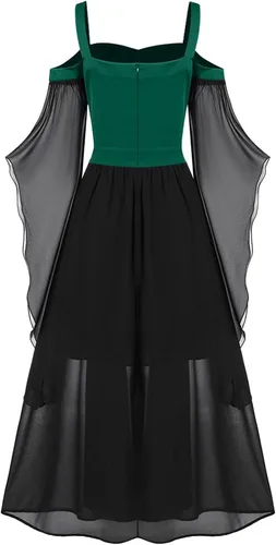 Vista 3 de BOXIACEY Vestidos góticos para mujer, hombros descubiertos, manga de mariposa, con cordones, vestido de Halloween, disfraz medieval renacentista