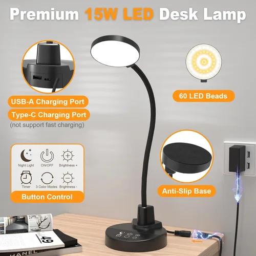 Vista 8 de Lámpara de escritorio LED de 15W con puertos de carga USB – Lámpara de mesa regulable con 3 temperaturas de color, 5 niveles de brillo, 4