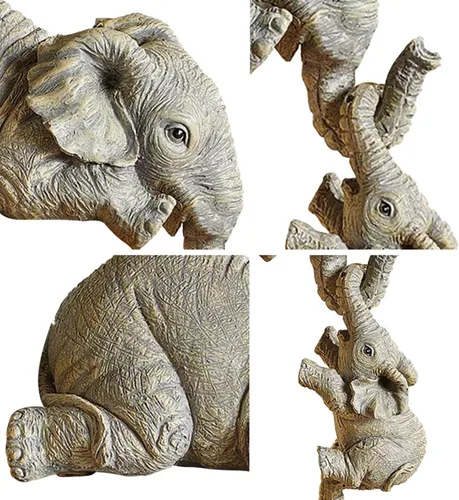 Vista 8 de Juego de 3 estatuas de elefante, resina para colgar 2 elefantes en el borde, escultura de elefantes de la suerte colgando del borde de un estante