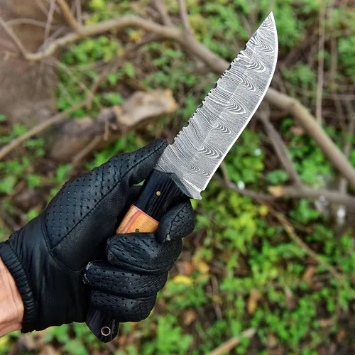 Vista 2 de Cuchillo de acero de Damasco hecho a mano para caza, cuchillo de hoja fija para camping, supervivencia y actividades al aire libre, 10 pulgadas