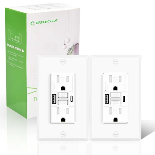Vista 24 de Greencycle Toma GFCI de 15 amperios con puertos USB C y USB A, 1 unidad de toma eléctrica GFCI de prueba automática con USB, con indicador LED