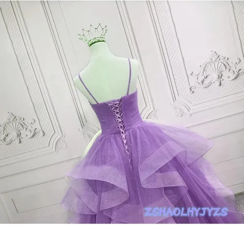 Vista 5 de ZSHAOLHYJYZS Vestidos de graduación de tul con purpurina 2024 con tirantes delgados, vestido de baile para mujer, vestidos largos de regreso a casa