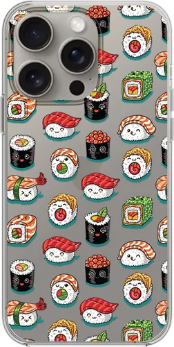 Vista 3 de Blingy's Funda para iPhone 15 Pro Max, divertido patrón de sushi lindo diseño de comida de dibujos animados, funda protectora transparente de TPU