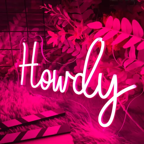 Vista 3 de Howdy Letrero de neón LED rosa para decoración de pared, funciona con USB, decoración de habitación de niñas, decoración de habitación de belleza