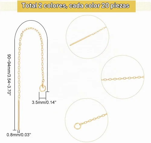 Vista 4 de UNICRAFTALE 40 piezas de 3.543 in, 2 colores, hilos de oreja de acero inoxidable, aretes colgantes de cadena larga con lazo para hacer aretes