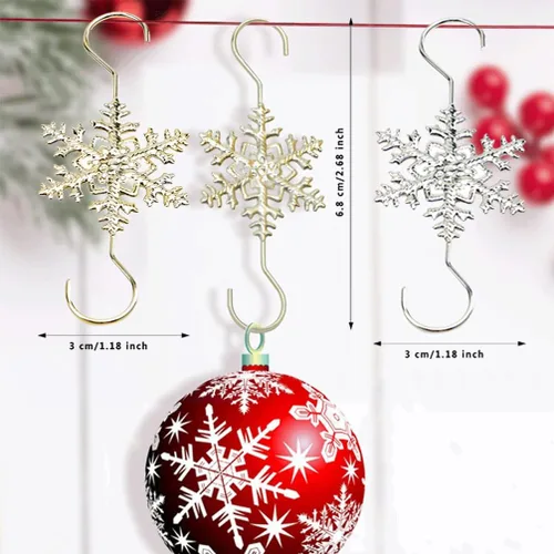 Vista 3 de Ganchos de adorno para decoración colgante, 20 ganchos dorados en forma de S de copo de nieve – Colgadores de árbol de Navidad con puntas de cuentas