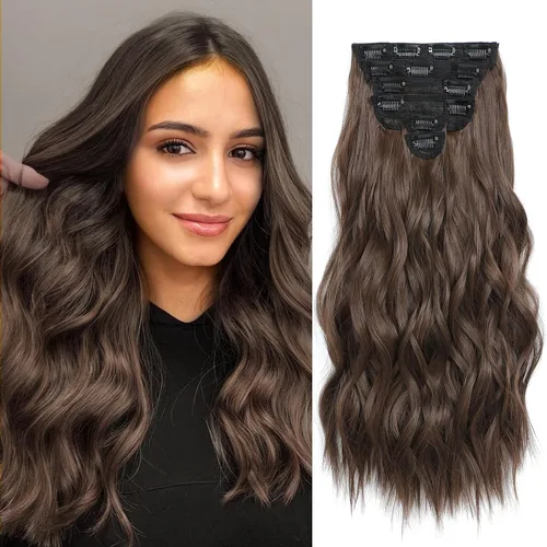 Vista 25 de Extensiones de cabello con clip para mujer, mezcla negra oscura con reflejos marrón claro, 20 pulgadas, 6 piezas, extensiones de cabello largo