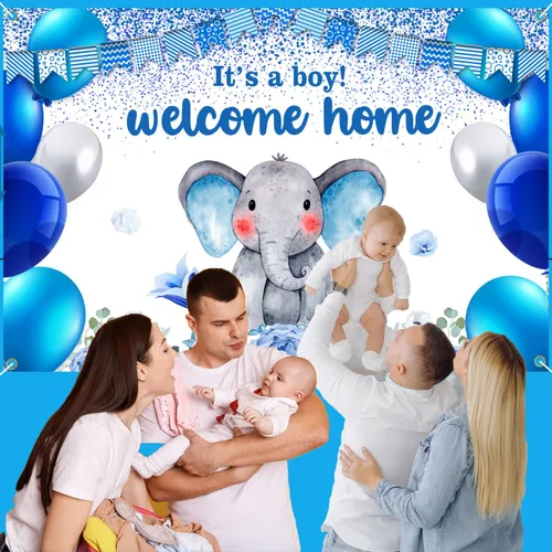 Vista 6 de Cartel de revelación de género con texto en inglés "I'm a Boy" para fiesta de baby shower, cabina de fotos, decoración de fondo de elefante azul