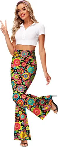 Vista 3 de Deerose Pantalones de Cintura Alta Elásticos Ajustados Acampanados Estilo Hippie para Mujer