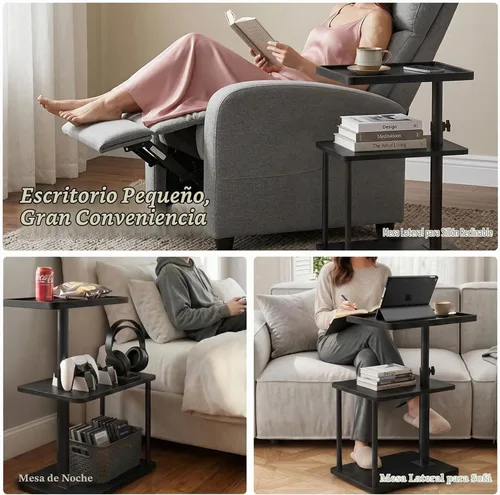 Vista 6 de Faesun Mesa auxiliar de mesa C de altura ajustable, bandeja giratoria de 360° para espacios pequeños, mesita de noche pequeña para sala de estar