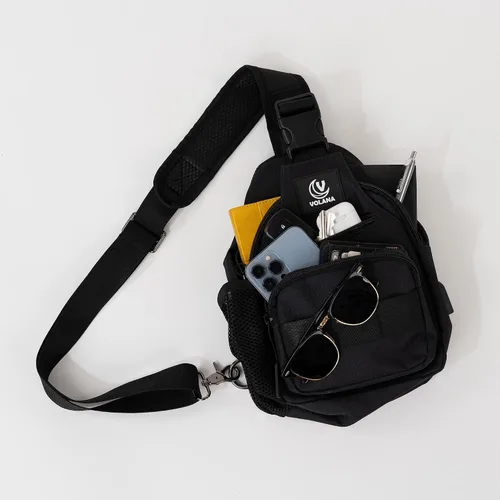 Vista 9 de Volana Mochila cruzada pequeña para hombres y mujeres negro bolsa de hombro ligera para viajes senderismo bolsa de pecho Negro - Ajustado